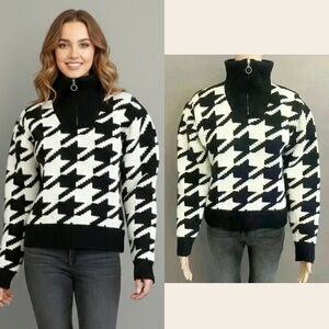 Houndstooth Turtle Neck Black & White Sweater Jumper with Zip Up  Collar.